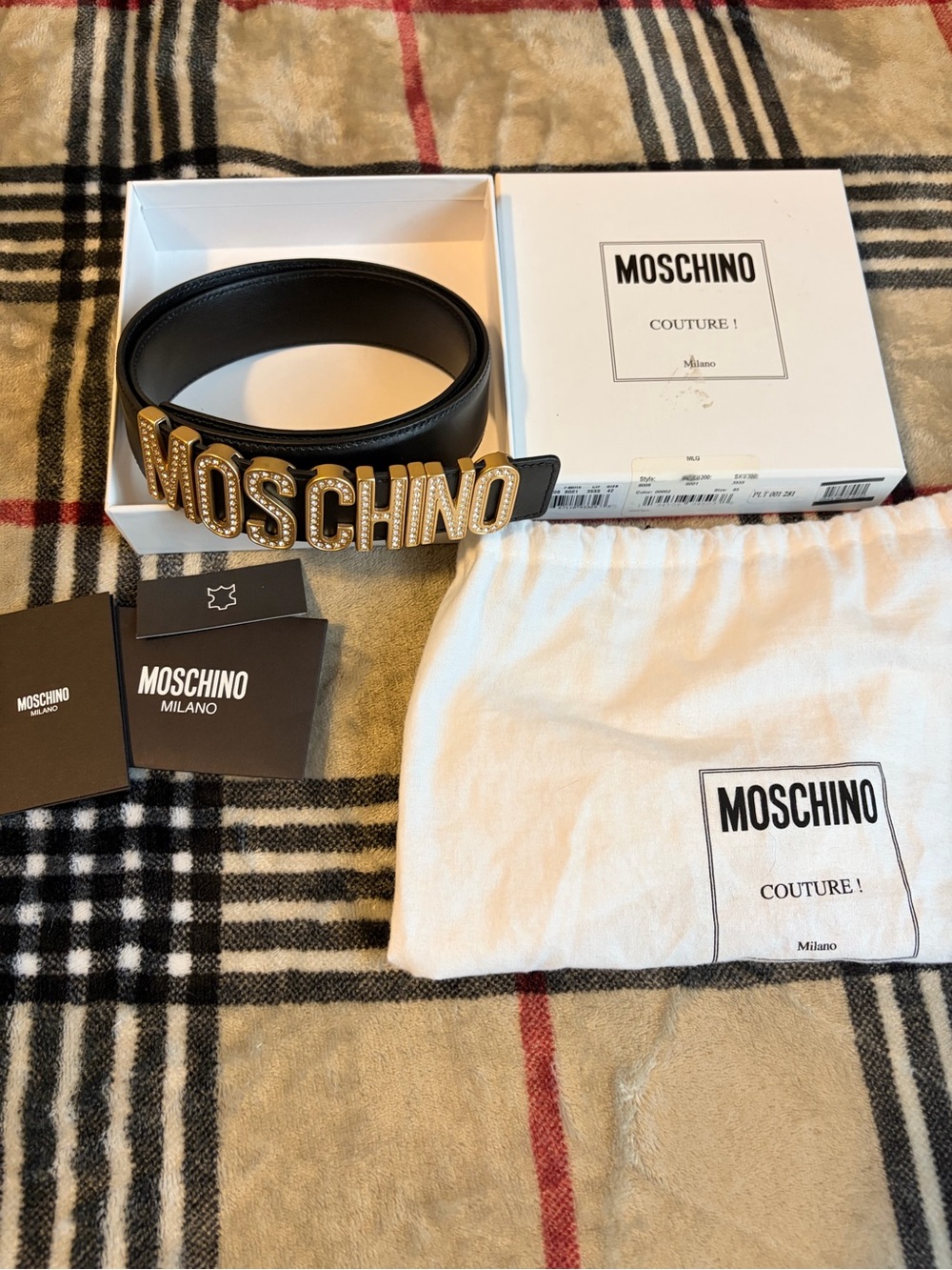 Moschino Black Leather Belt with Crystal-Embellished Logo